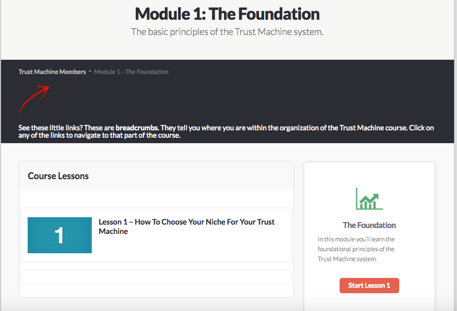 When your member goes to start your course, he'll probably first see a MODULE page. This is an example of what it looks like in one of OptimizePress' template packs optimizePress Module page