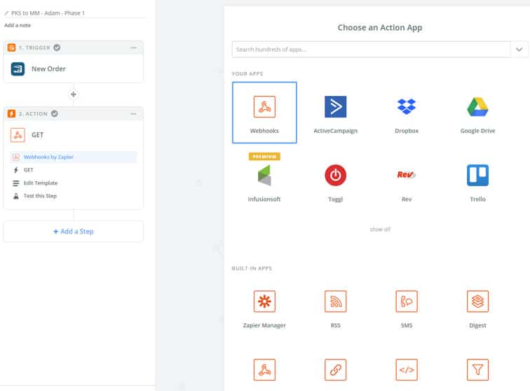choose action - MemberMouse integration with PayKickStart