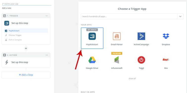choose trigger app - MemberMouse integration with PayKickStart