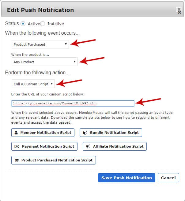 push notification settings - How to deeply integrate MemberMouse with ConvertKit