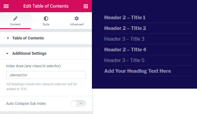 WordPress Plugin - Elementor "Sticky" Table of Contents Widget toc additional settings - WordPress Plugin - Elementor "Sticky" Table of Contents Widget