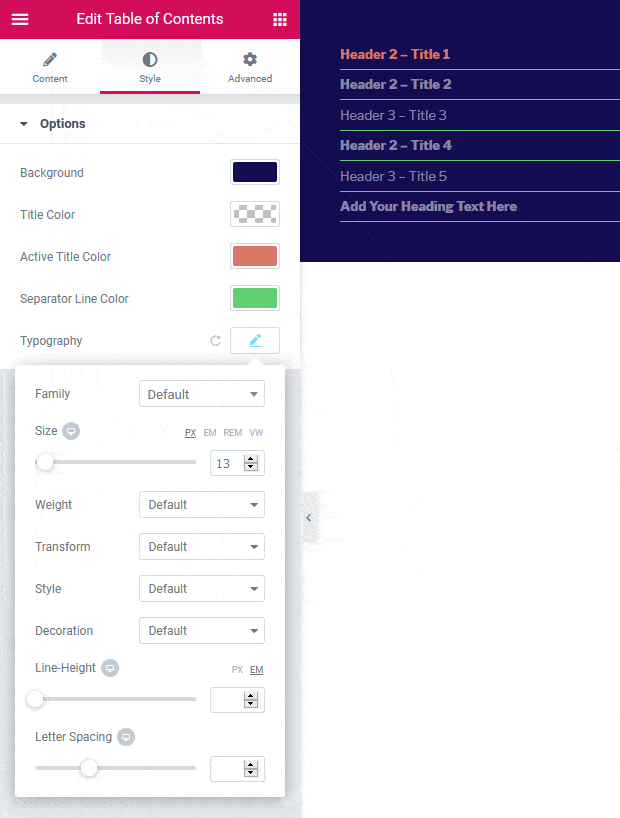 WordPress Plugin - Elementor "Sticky" Table of Contents Widget toc style options - WordPress Plugin - Elementor "Sticky" Table of Contents Widget