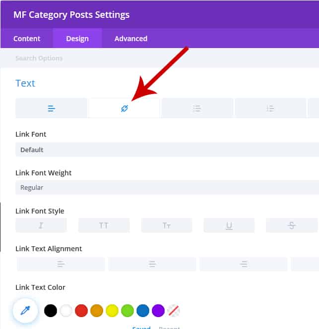 Divi Module - Display a LIST of Posts From A Category divi mf module settings design link - Divi Module - Display a LIST of Posts From A Category