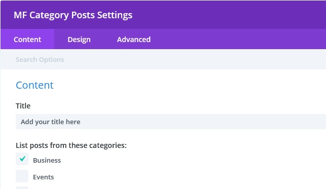 Divi Module - Display a LIST of Posts From A Category divi mf module settings - Divi Module - Display a LIST of Posts From A Category
