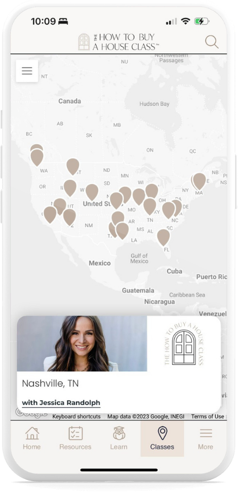 Screenshot of a real estate class mobile app built by MemberFix, showing a map of class locations and an instructor profile card