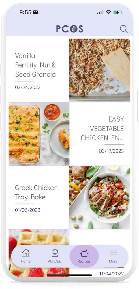 Screenshot of a PCOS recipe mobile app built by MemberFix, showing a recipe feed