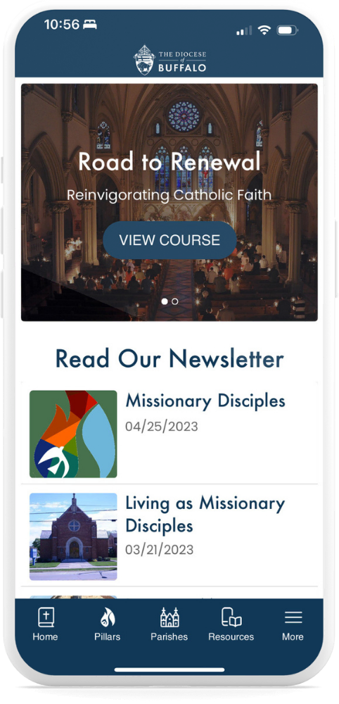 Screenshot of a Catholic diocese mobile app built by MemberFix, showing a course promo banner and newsletter articles