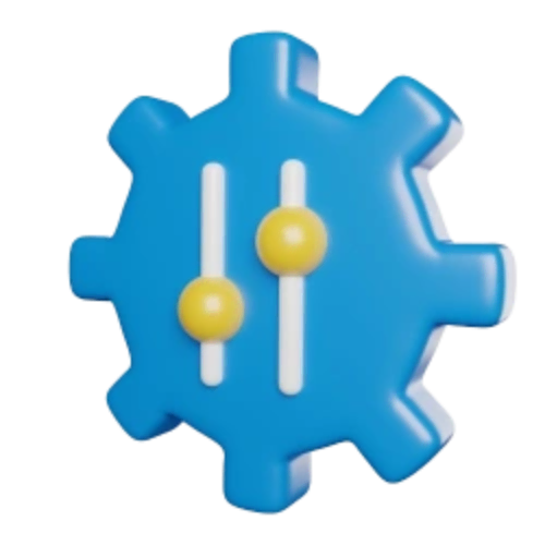 3D icon of a blue gear with adjustable sliders, representing configuration settings