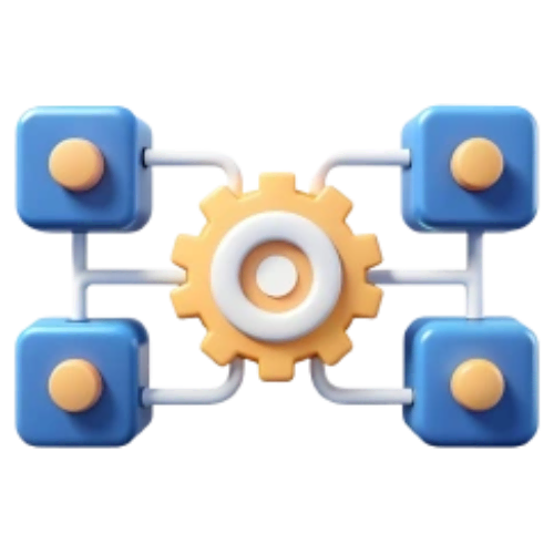 3D icon of four connected devices linked to a central gear, representing system integrations