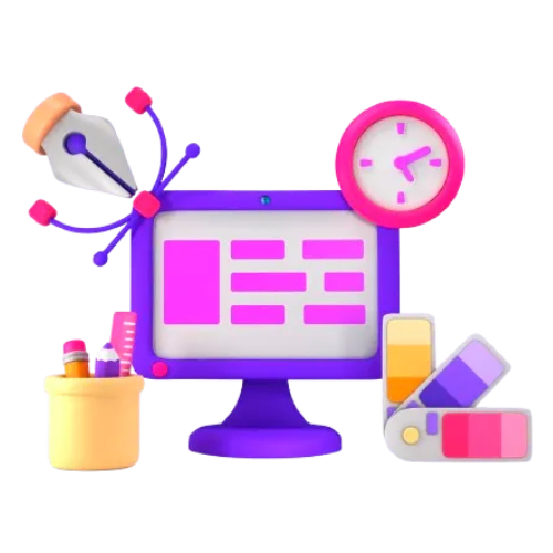 3D icon of a computer screen with design tools (pen tool, color swatches, clock), representing custom design work