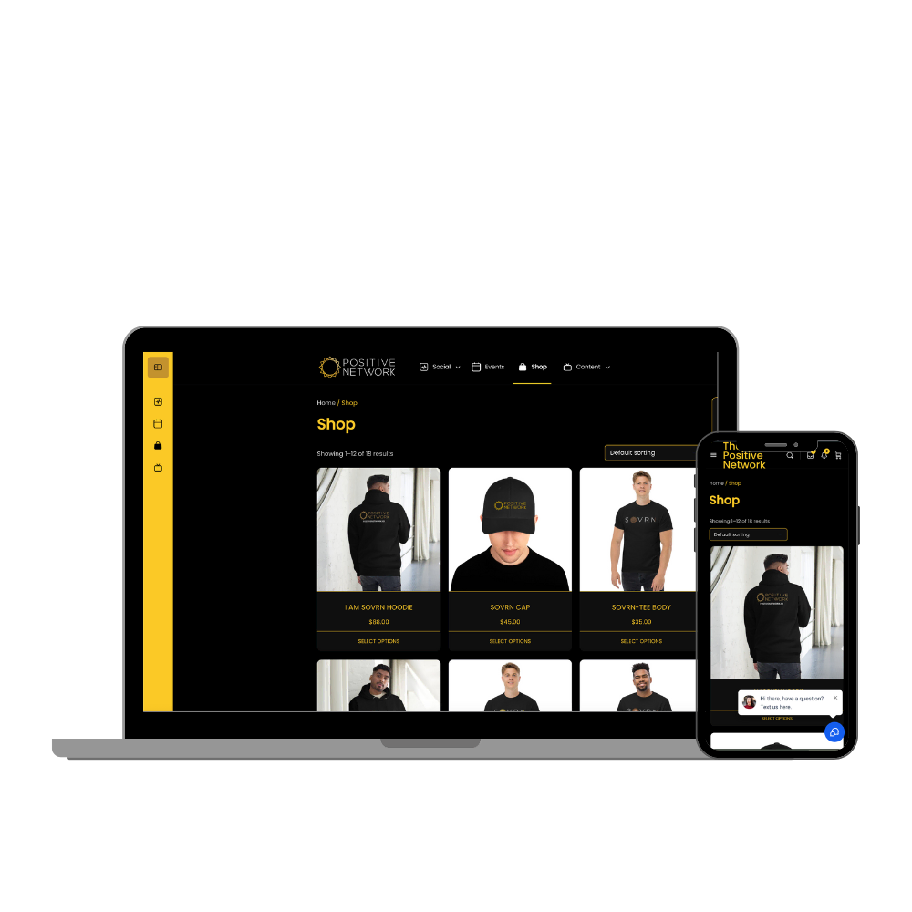 Screenshot of a WooCommerce store built by MemberFix, showing a branded shop page and mobile view with a chat widget