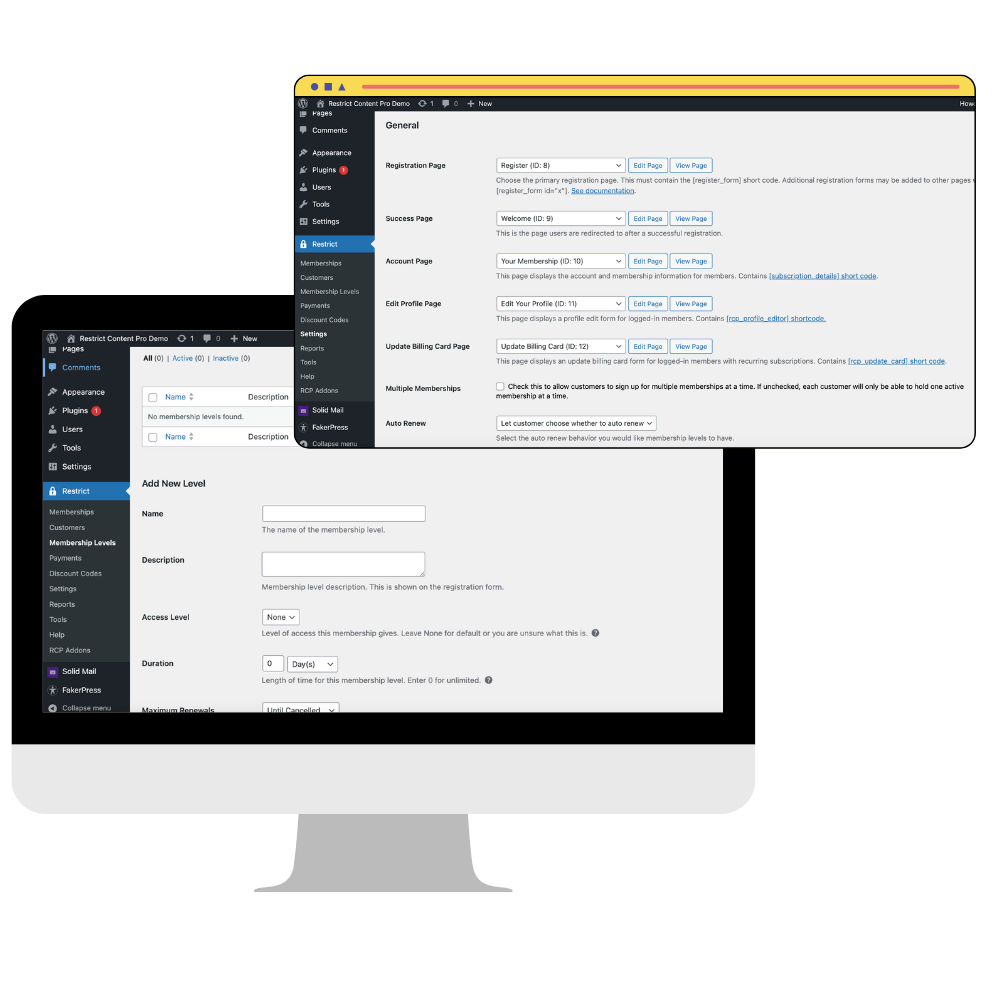 Screenshots of the Restrict Content Pro settings and membership-level admin screens in WordPress