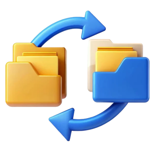 3D icon of two folders connected by circular sync arrows, representing data migration