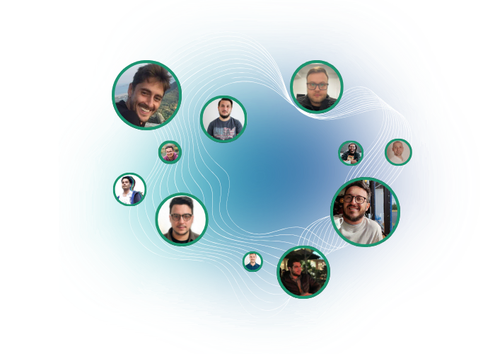 Illustration of a migration diagram: a group of people connecting to the WordPress logo, representing member and data migration