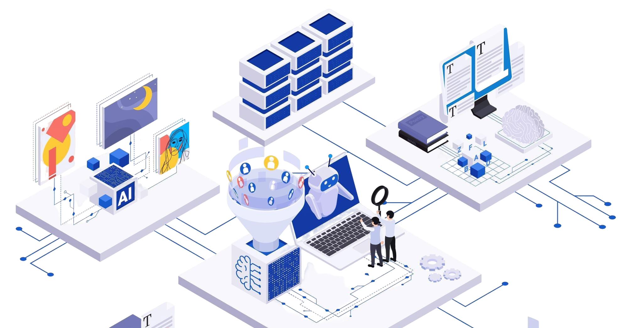 AI & Automations ai content creation generated art music creative writing flowchart isometric vector illustration e1754620287911 - AI & Automations