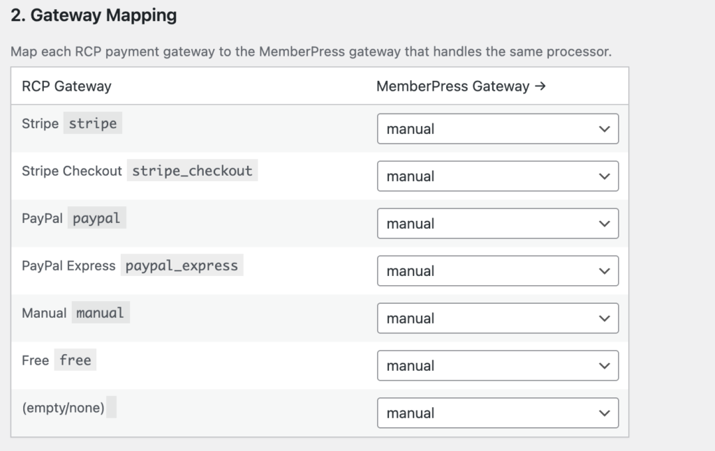 Migration tool mapping screen matching Restrict Content Pro payment gateways to MemberPress gateways