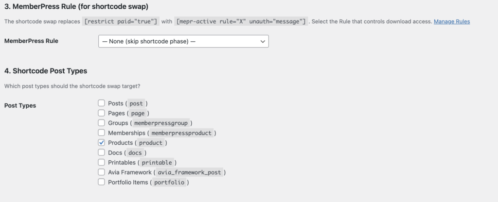 Migration tool settings for the MemberPress rule used in the shortcode swap and the post types it covers