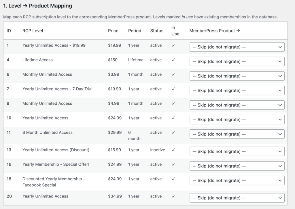 Migration tool mapping screen matching each Restrict Content Pro level to a MemberPress product
