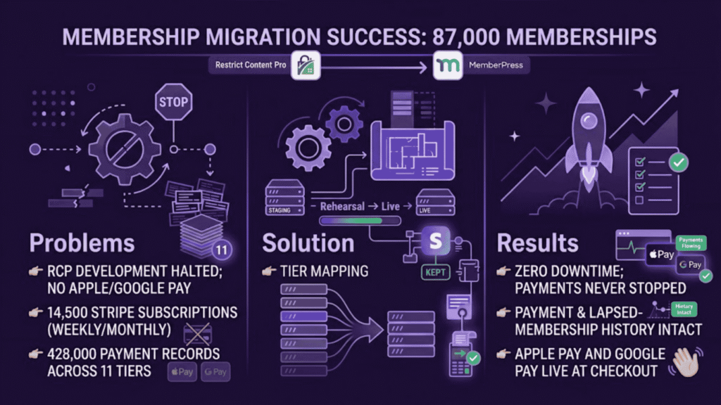 Infographic of the Restrict Content Pro to MemberPress migration of 87,000 memberships: problems, solution and results
