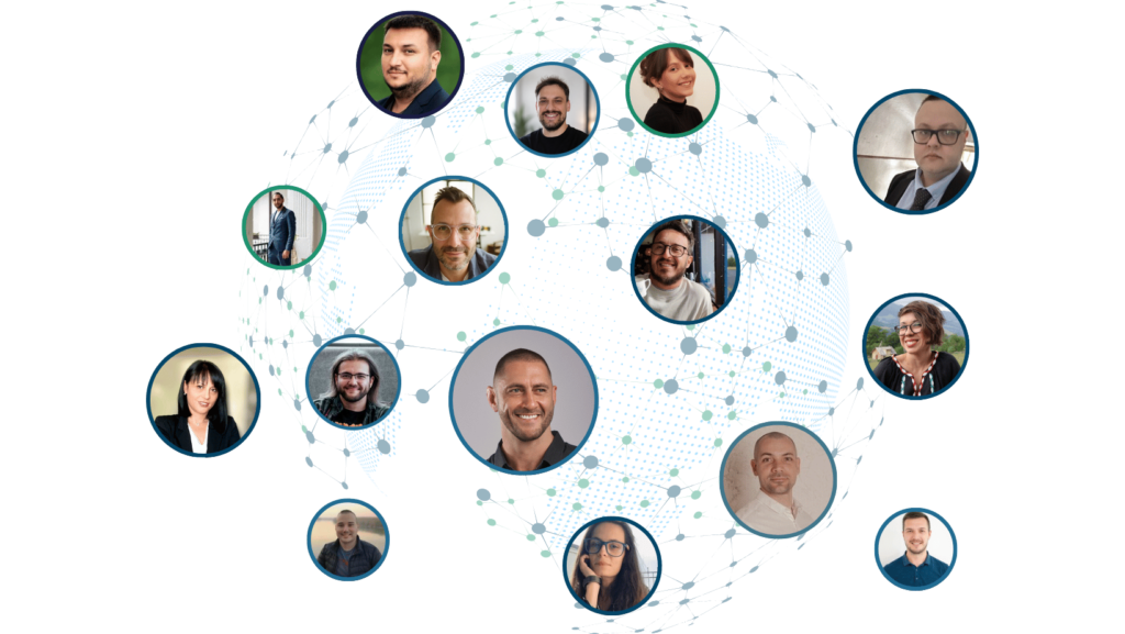 The MemberFix team: circular headshots of our team members connected across a globe
