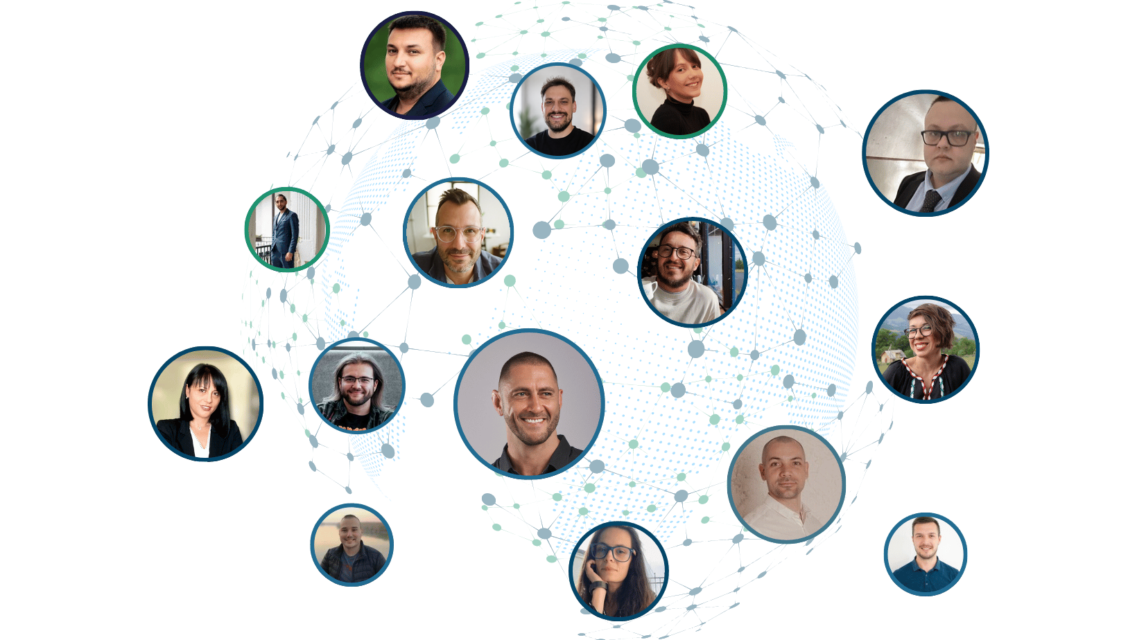 The MemberFix team: circular headshots of our team members connected across a globe