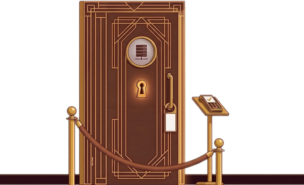 Illustration of an Art Deco members' club door with a glowing keyhole, a velvet rope between brass posts, a blank door hanger and a card payment terminal on a podium