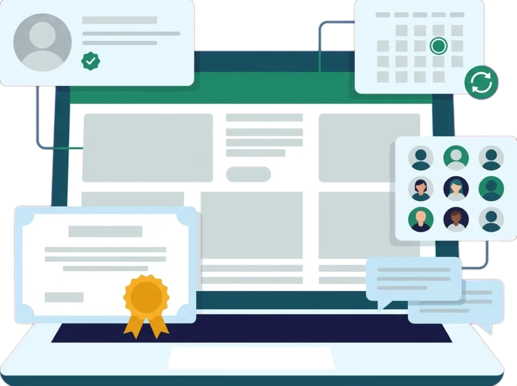 Illustration of an association member portal on a laptop with a membership card, renewal calendar, certificate, member directory and forum
