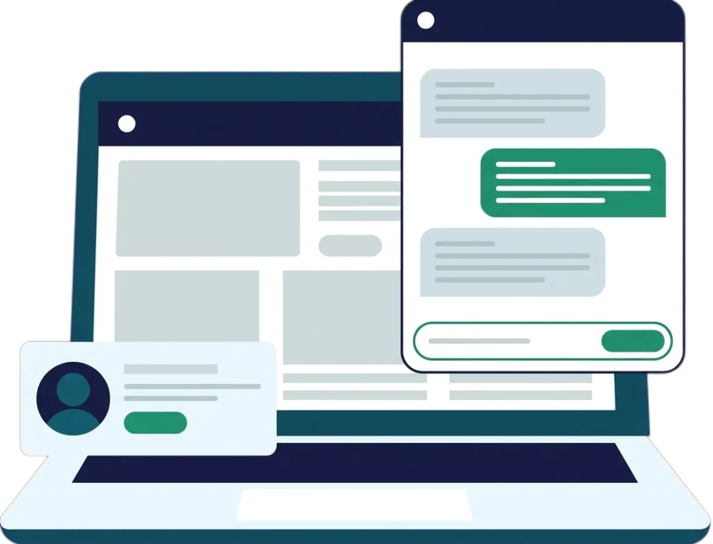 Illustration of a WordPress course site on a laptop with an AI chat assistant answering a student and a card for handing off to a human