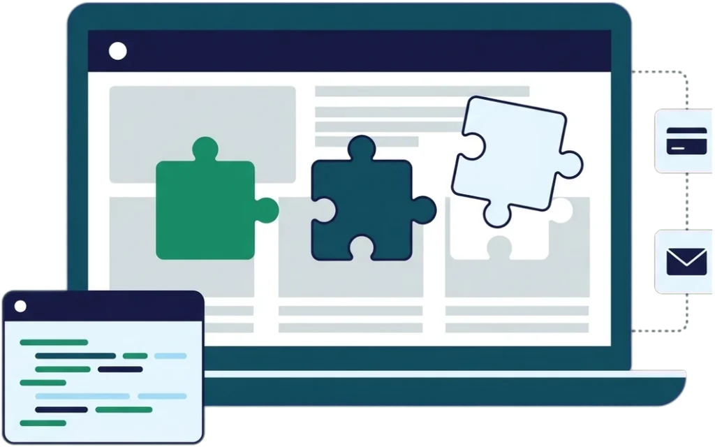 Illustration of plugin puzzle pieces snapping into a WordPress dashboard, with a code panel and connected payment and email cards