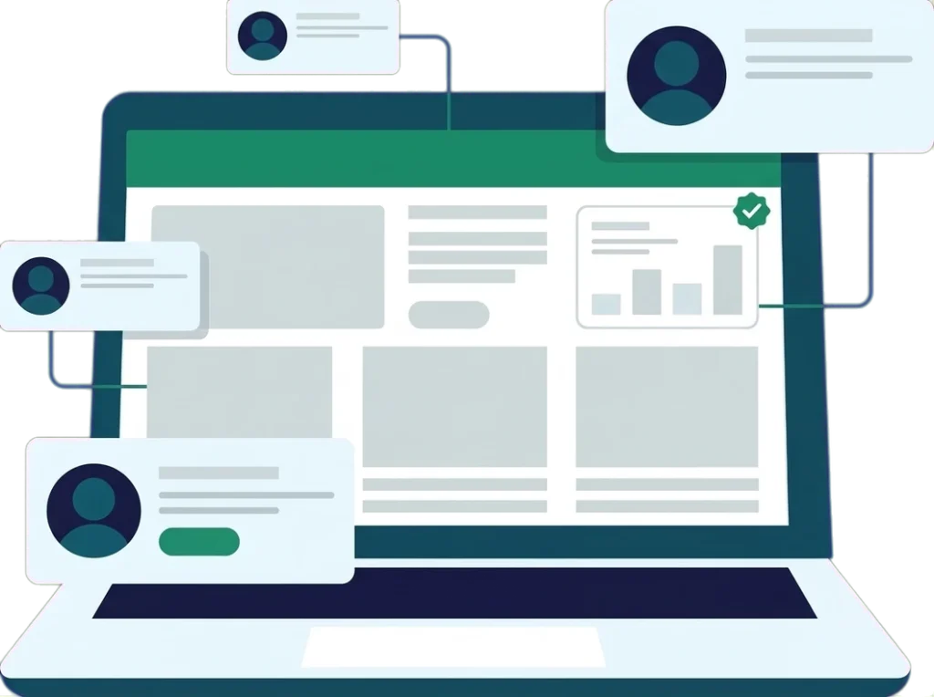 Illustration of four team member cards connected to one membership site dashboard on a laptop
