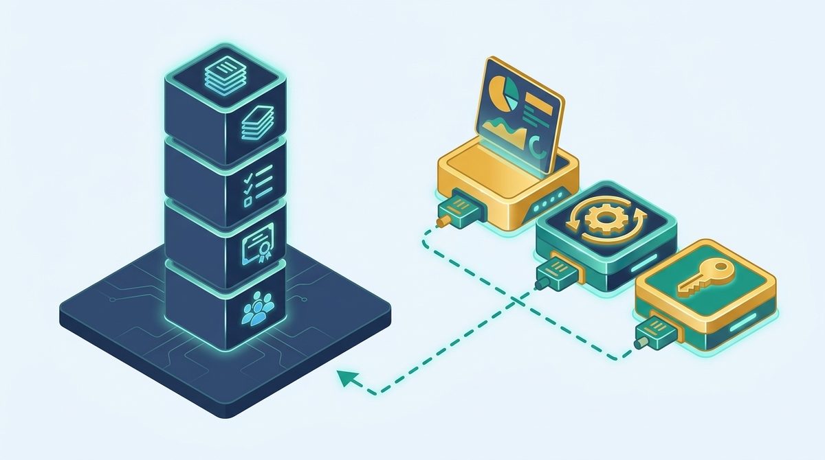 Left: what LearnDash gives you out of the box. Right: the custom pieces we add: reporting, enrollment automation and single sign-on. Standard course, quiz, certificate and group blocks on one platform, with custom reporting, enrollment automation and single sign-on pieces plugged in.