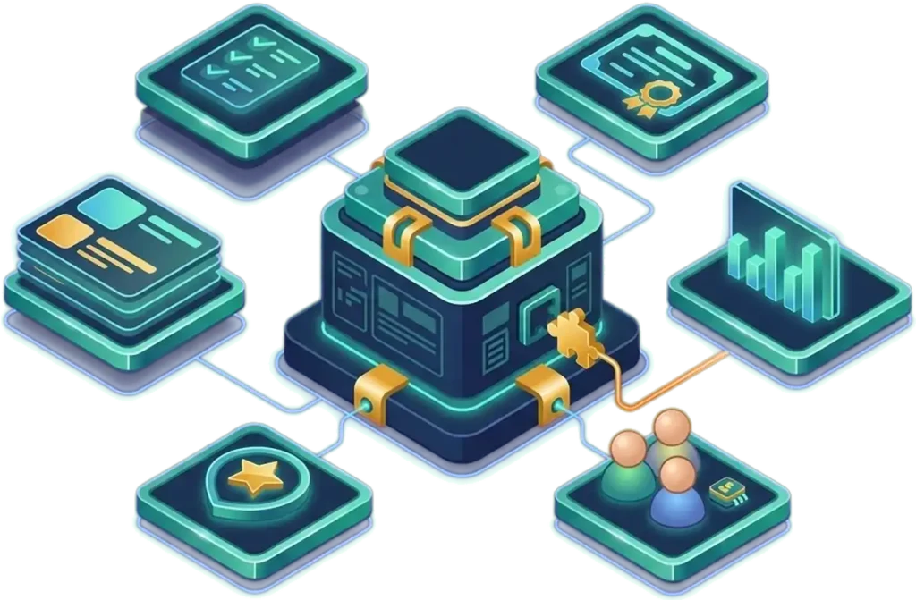 Isometric diagram of a learning platform with course, quiz, certificate, reporting and group tiles connected to a central hub, with one custom plugin piece snapping in.