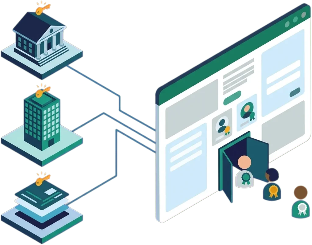 Illustration of members from a university, an employer and a partner platform entering one membership site through a single login gate